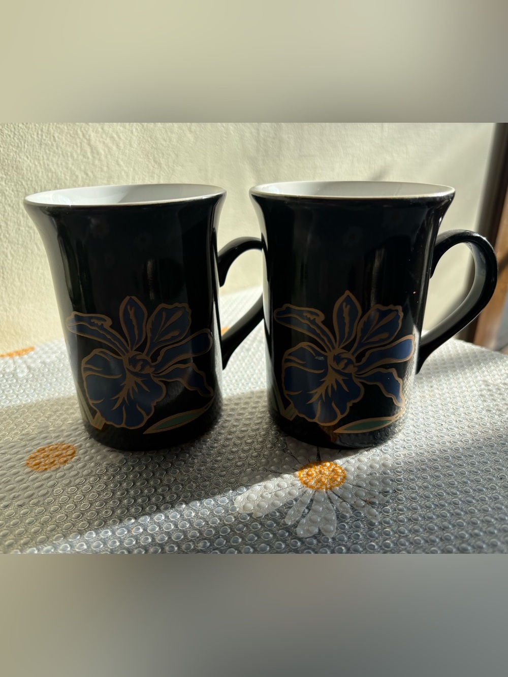 Vintage Staffordshire Kiln Craft Black & Gold Floral Coffee Mugs (Set of 2)